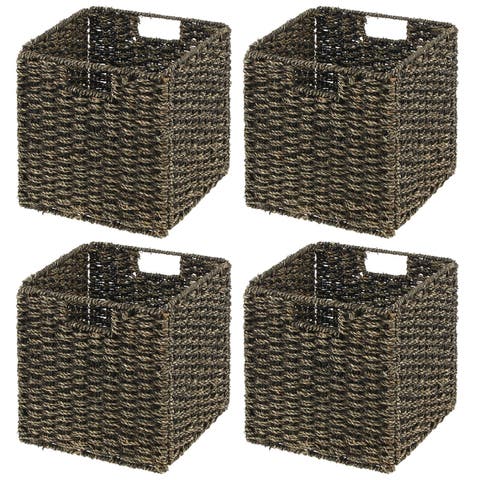 Seagrass Woven Cube Bin Basket Organizer, Handles, 4 Pack