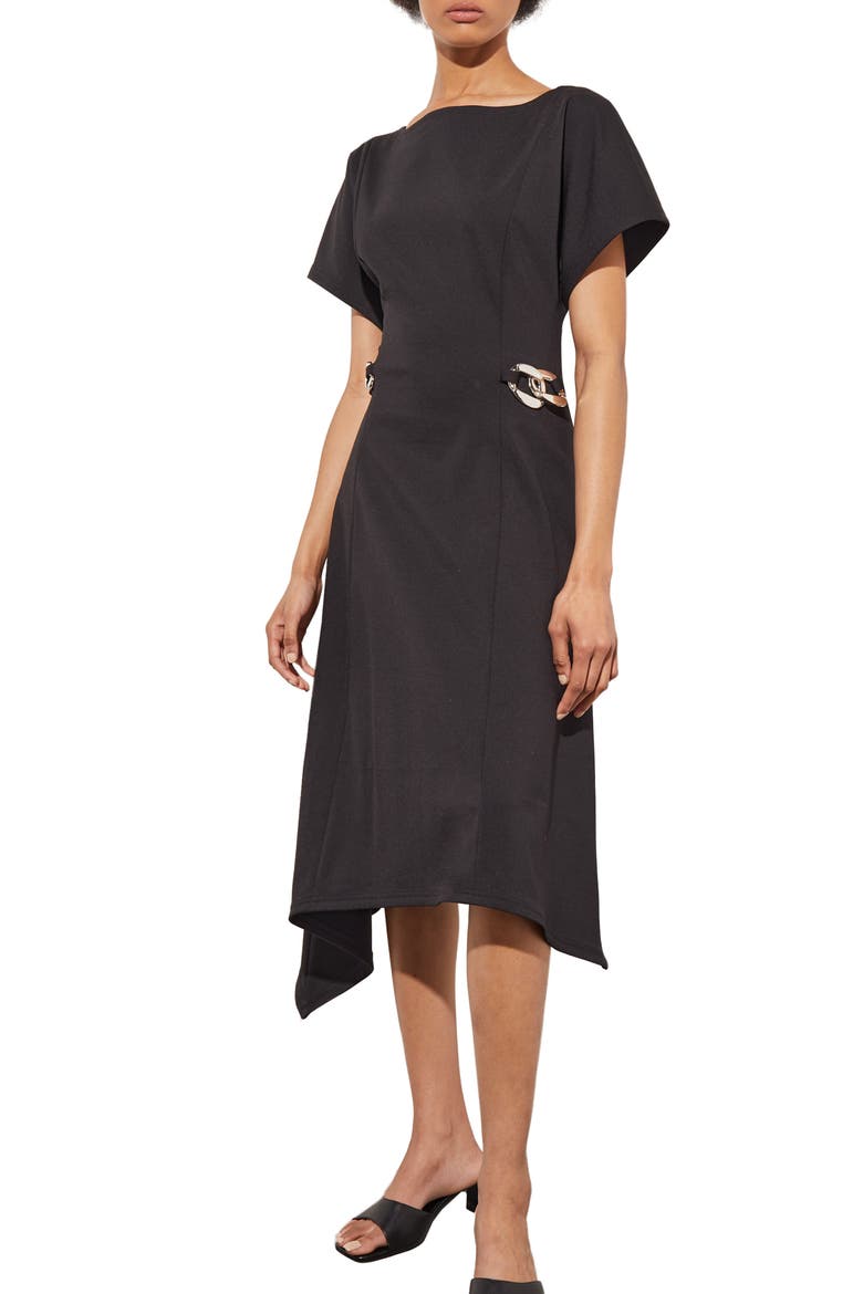 Asymmetric Midi Dress, Main, color, BLACK