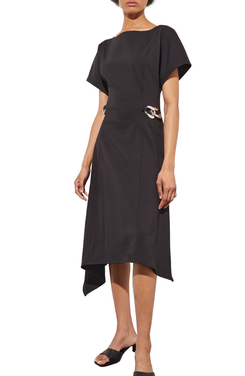 Ming Wang Asymmetric Midi Dress, Main, color, Black