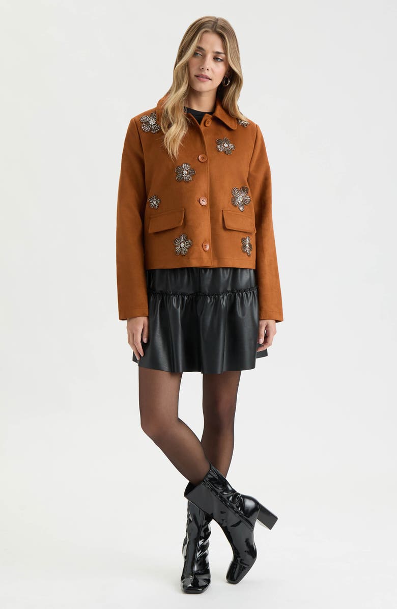 NVLT Beaded Floral Faux Suede Jacket, Alternate, color, Luggage