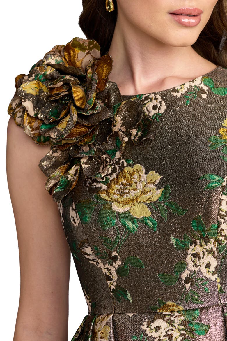 Sleeveless Brocade Ballgown With 3D Flower, Alternate, color, Gold