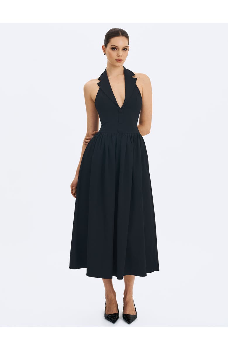 Miss Circle Delaney Lapel Halter Midi A-Line Dress, Alternate, color, Black