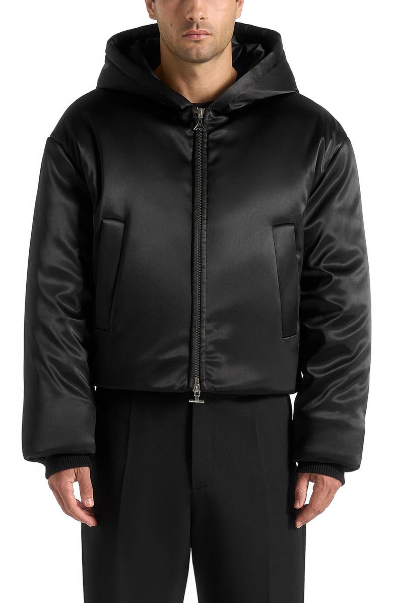 Manière De Voir Dario Satin Cropped Hooded Jacket, Main, color, Black
