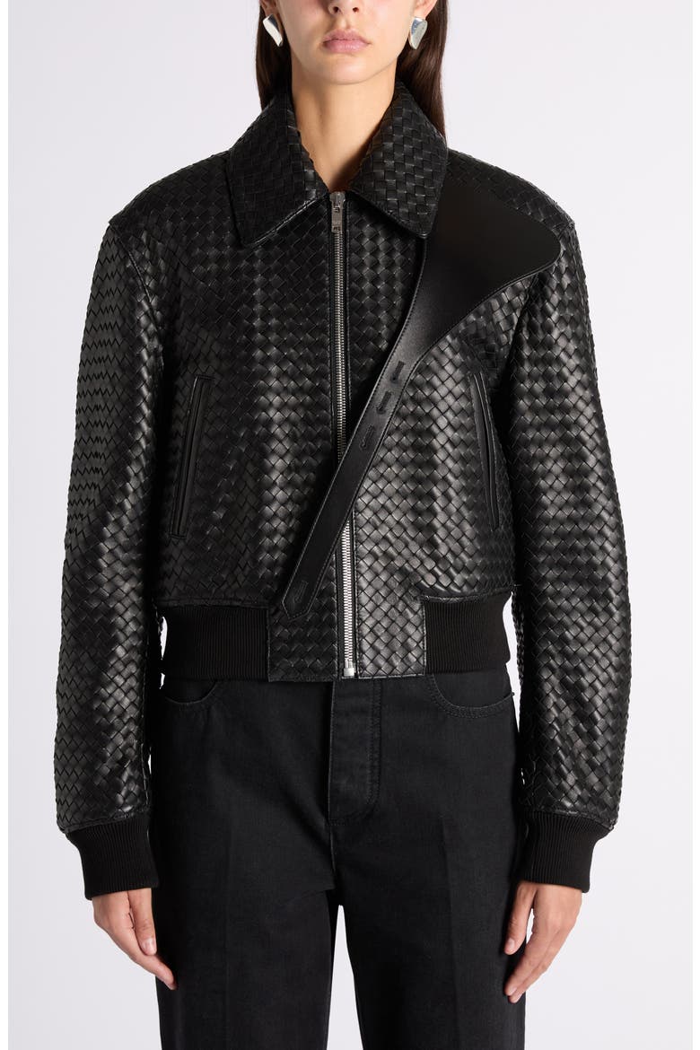 Intrecciato Leather Bomber Jacket, Alternate, color, 1010 DOUBLE BLACK