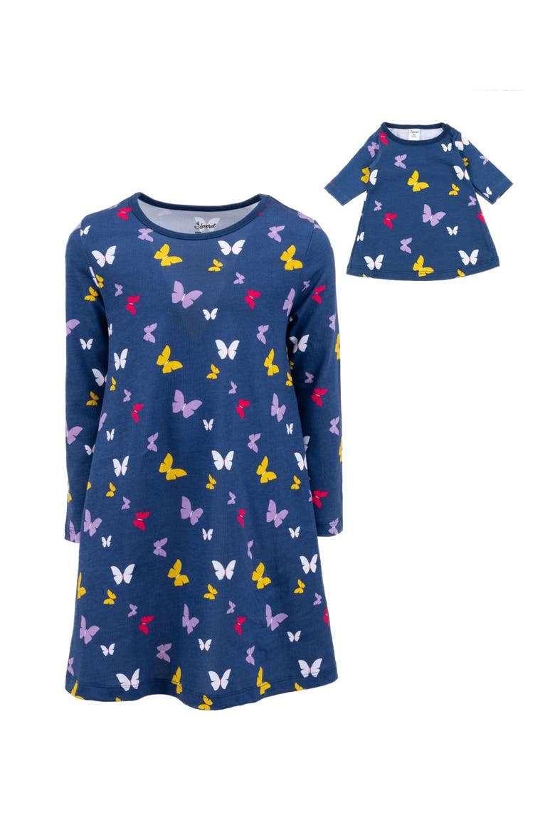 Girls Cotton Dress with Matching Doll Dress, Printed Design, Alternate, color, Butterfly
