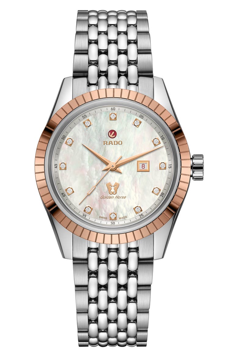 Tradition Golden Horse Diamond Bracelet Watch, 35mm, Main, color, SILVER/ MOP