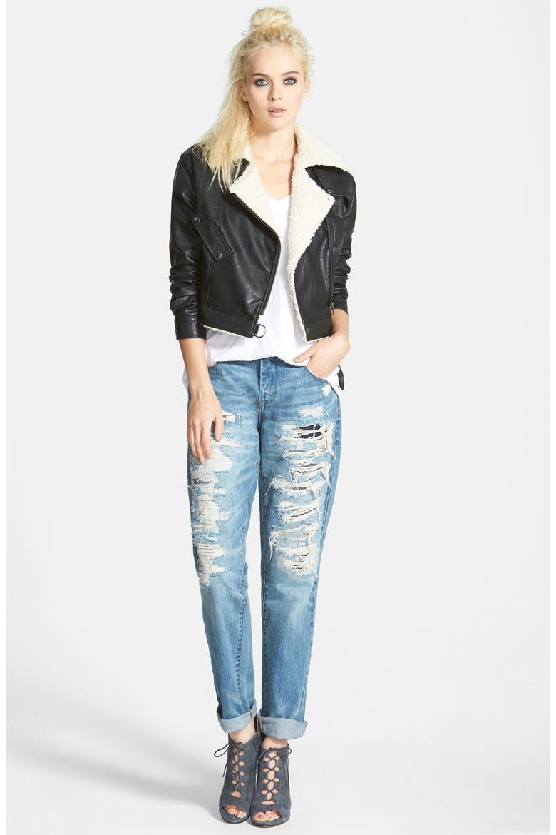 ASTR Faux Shearling Moto Jacket, Alternate, color, BLACK