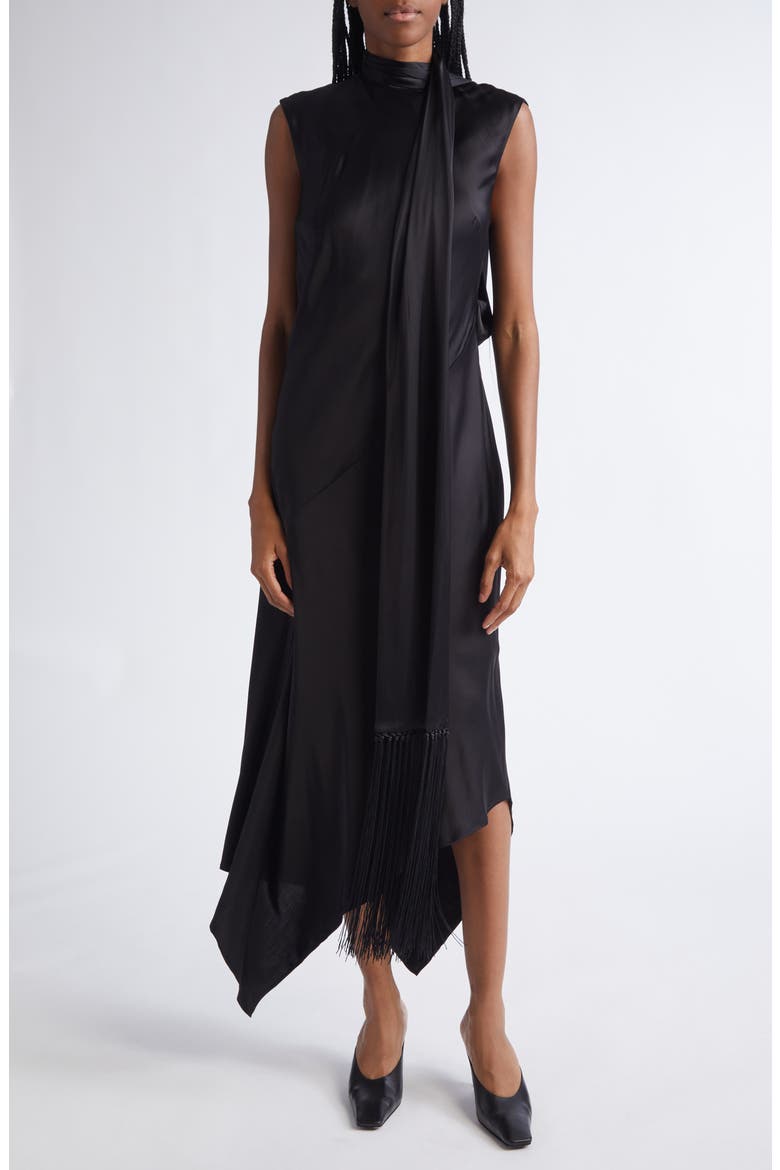 Dale Attached Scarf Asymmetric Satin Dress, Main, color, BLACK
