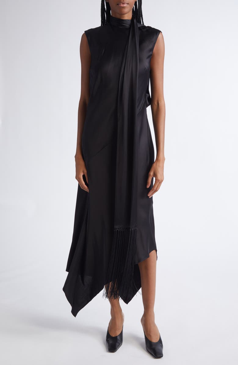 Acne Studios Dale Attached Scarf Asymmetric Satin Dress, Main, color, Black