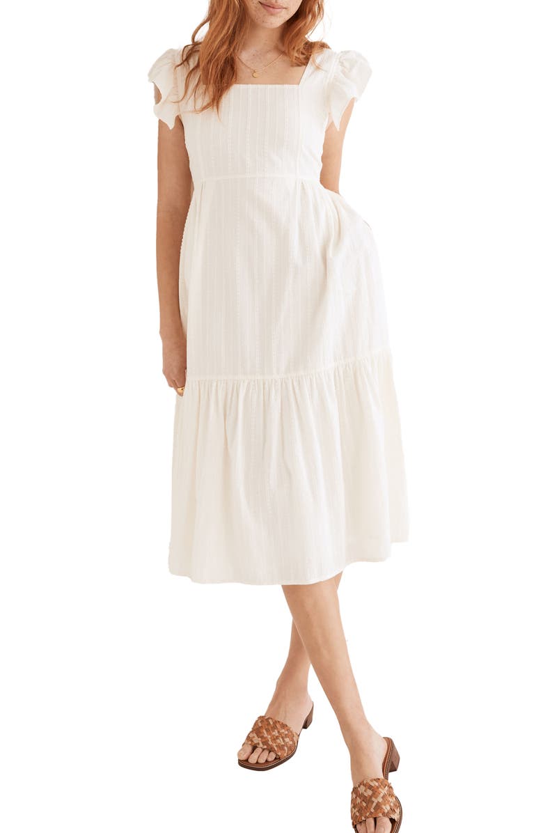 Madewell Textural Stripe Ruffle Strap Tiered Midi Dress, Main, color,
