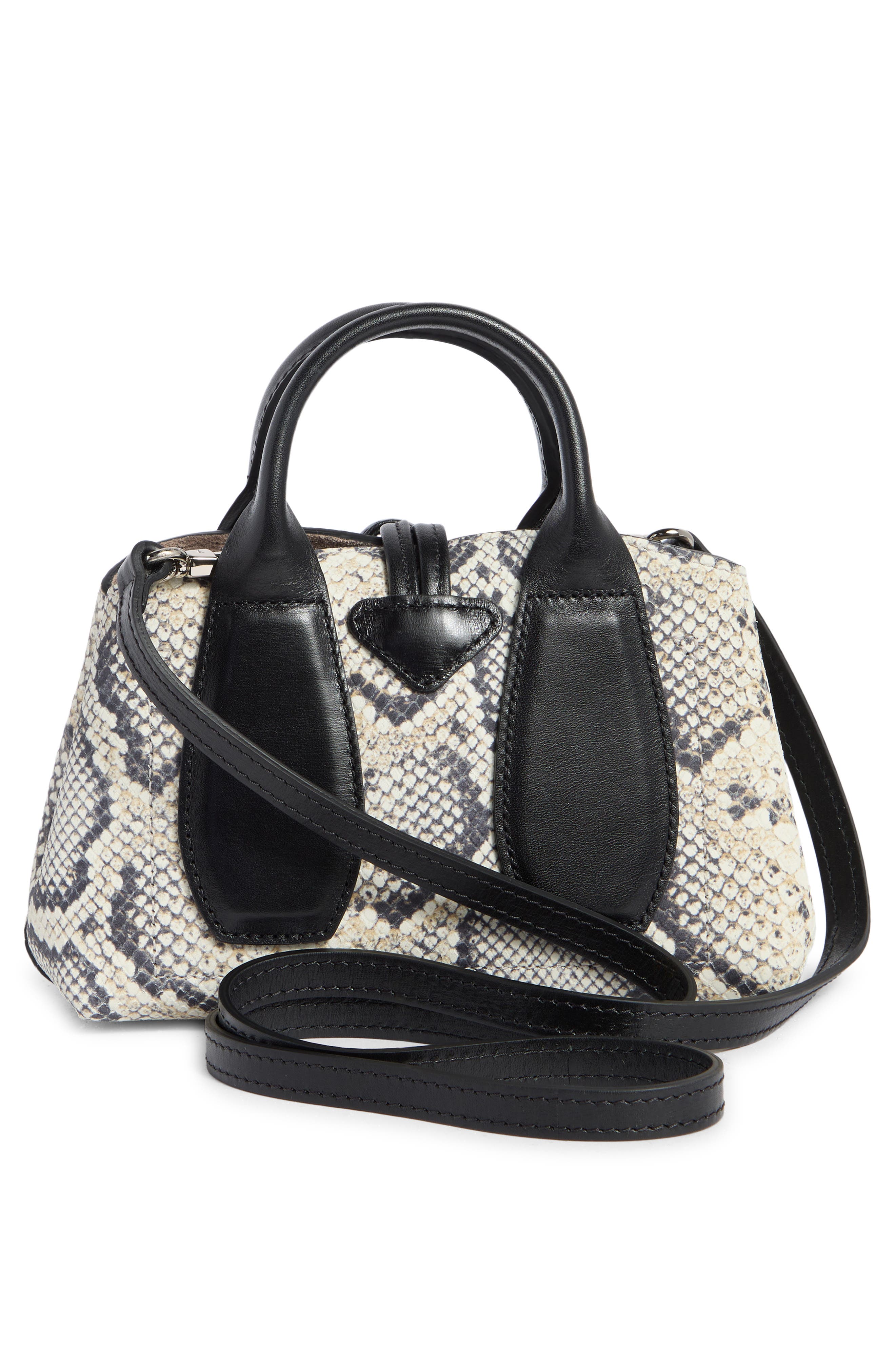 Longchamp Extra Small Roseau Snakeskin Print Leather Top Handle Bag, Alternate, color, Black/ White