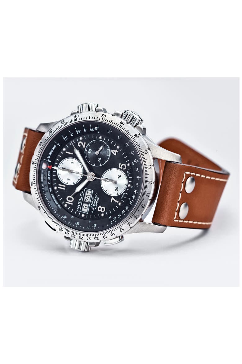 Khaki Aviation X-Wind Automatic Chronograph Leather Strap Watch, 44mm, Alternate, color, BROWN/ BLACK/ SILVER