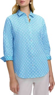 Foxcroft Margie Geo Lattice Three-Quarter Sleeve Button-Up Shirt