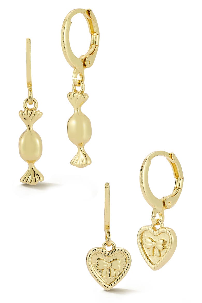 Set of 2 Candy & Heart Drop Huggie Hoop Earrings, Main, color, GOLD