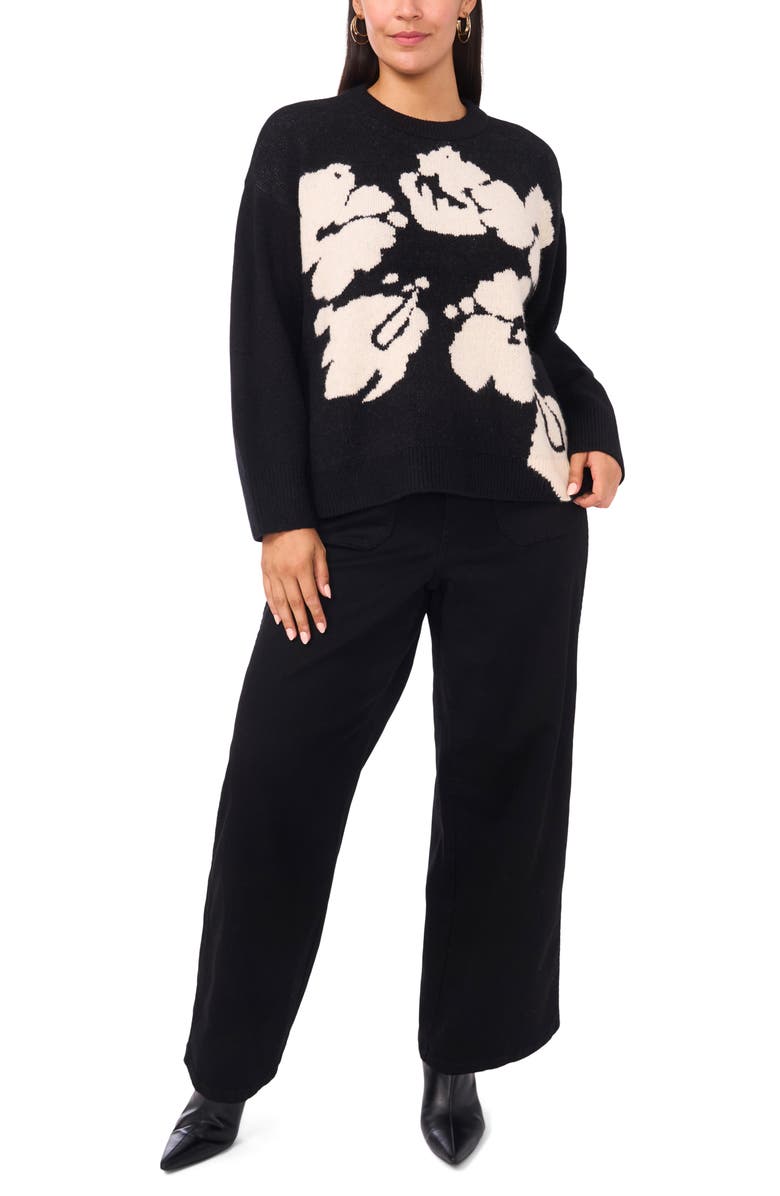 Vince Camuto Floral Jacquard Sweater, Alternate, color, Rich Black
