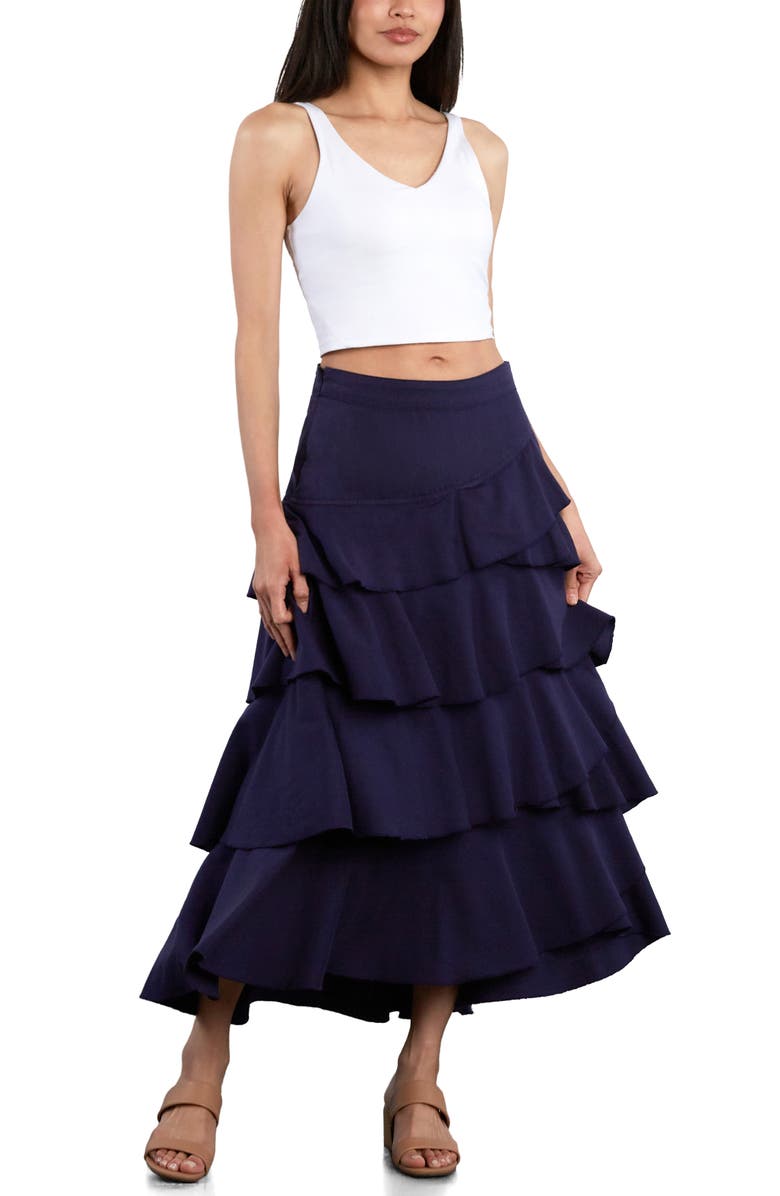 Wash Lab Denim Petal Tiered Denim Maxi Skirt, Alternate, color, Eclipse