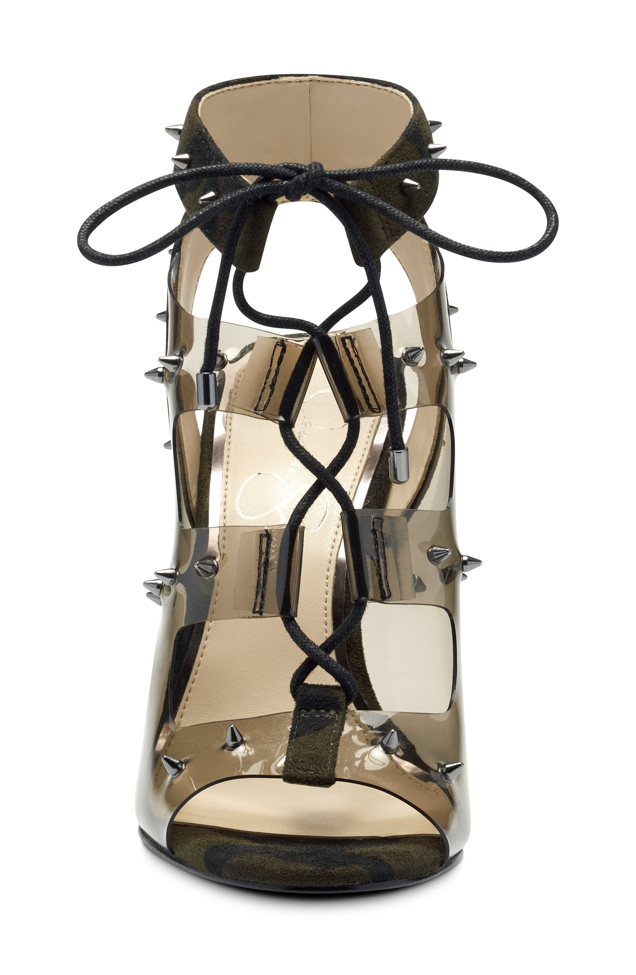 Jirven Spike Clear Strap Cage Sandal, Alternate, color, SMOKE/ CAMO GREEN LEATHER