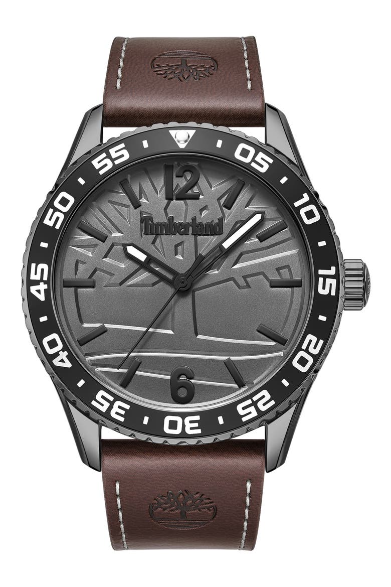 Sport Leather Strap Watch, 44mm, Main, color, DARK BROWN