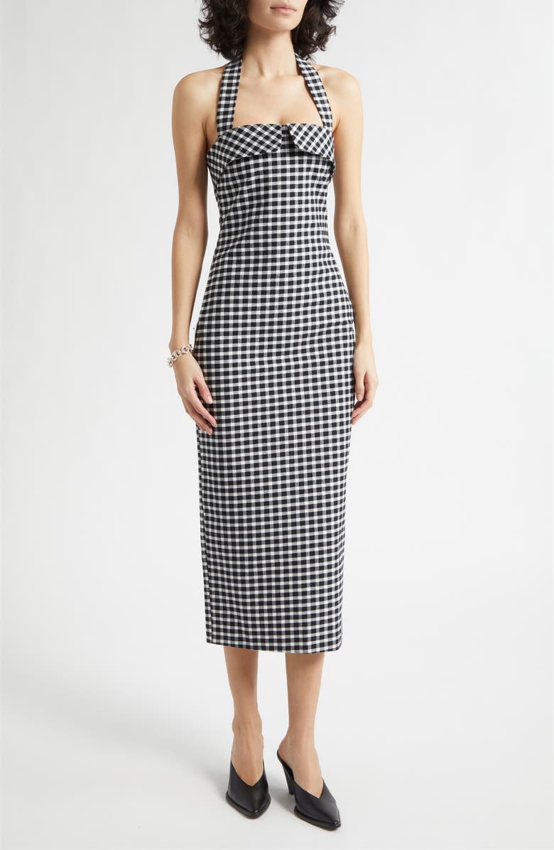 POSSE Chiara Gingham Halter Neck Pencil Dress, Main, color, Black/ White