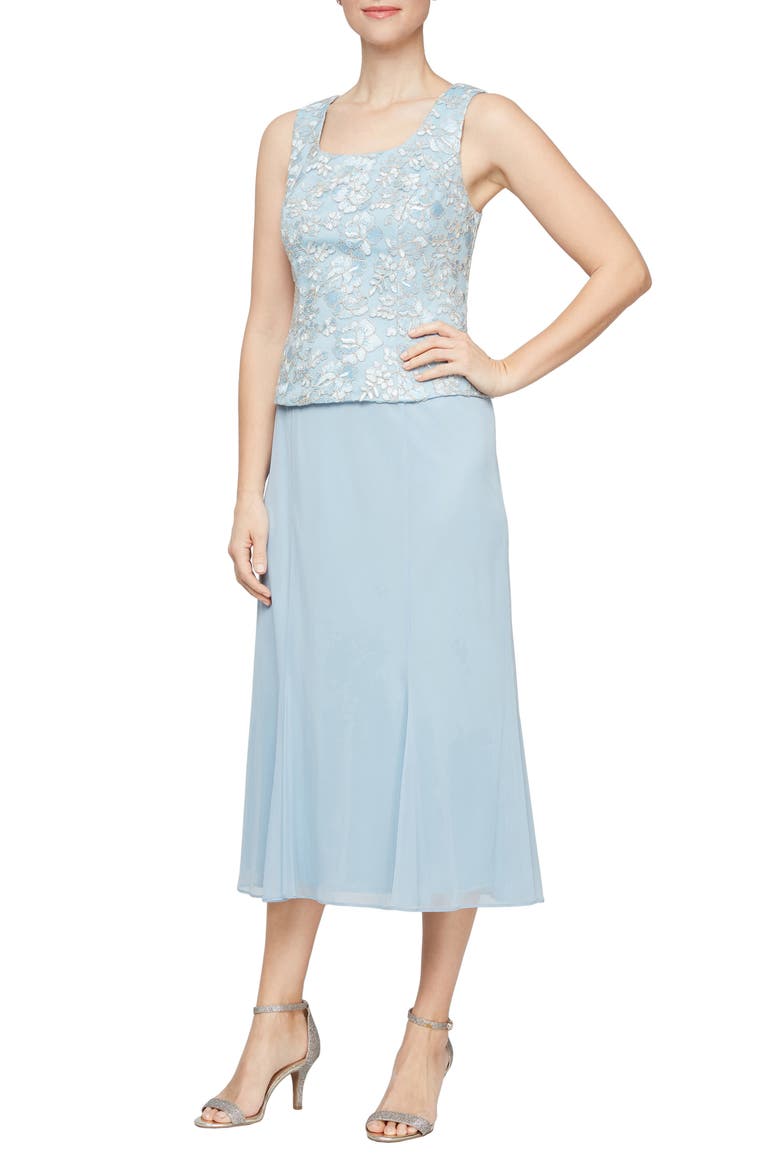 Lace Bodice Godet Midi Dress with Jacket, Alternate, color, LIGHT BLUE