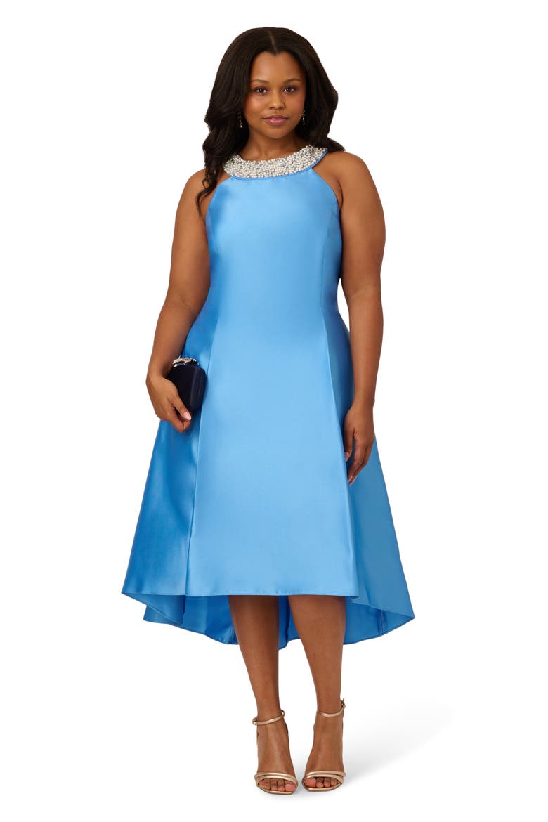 Halter Neck High-Low Mikado Dress, Alternate, color, COOL CLOUD