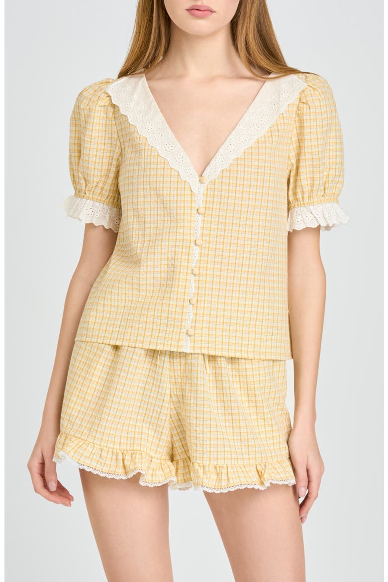 Emma Eyelet Trim Plaid Button-Up Top, Main, color, YELLOW