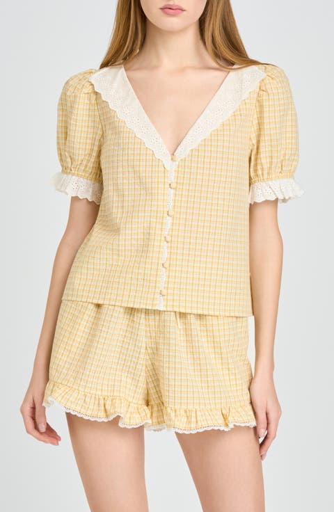 Emma Eyelet Trim Plaid Button-Up Top