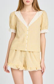WAYF Emma Eyelet Trim Plaid Button-Up Top
