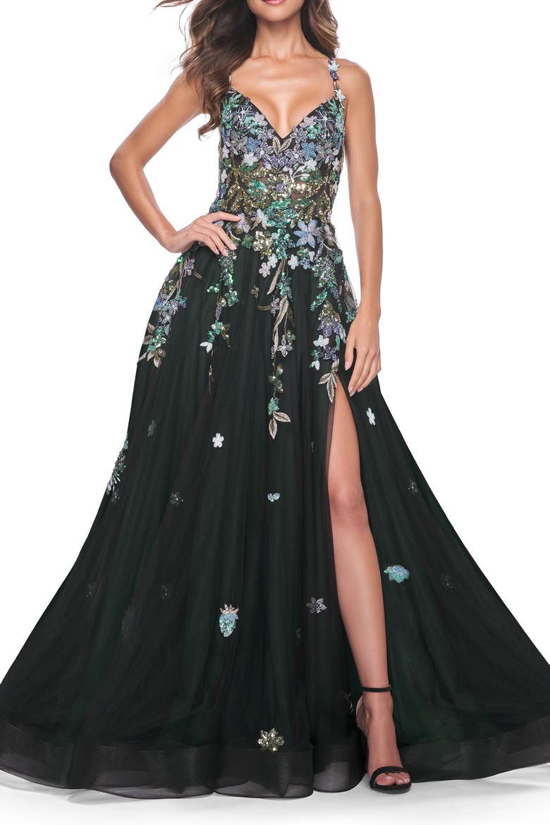 Gorgeous Sequin Floral Lace Applique A-Line Tulle Prom Dress, Alternate, color, Black