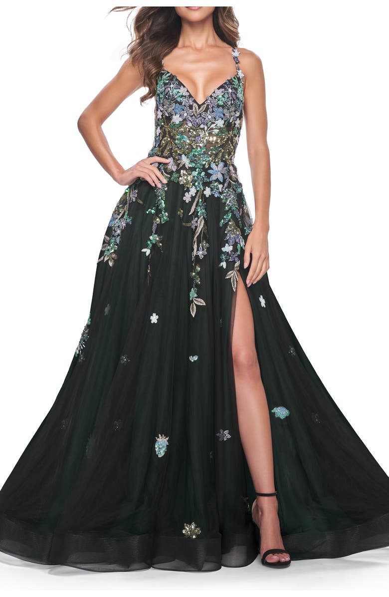 La Femme Gorgeous Sequin Floral Lace Applique A-Line Tulle Prom Dress, Alternate, color, Black