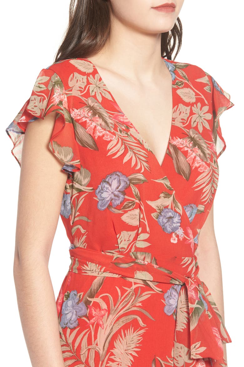 Clara Ruffle Wrap Dress, Alternate, color, RED TROPICAL