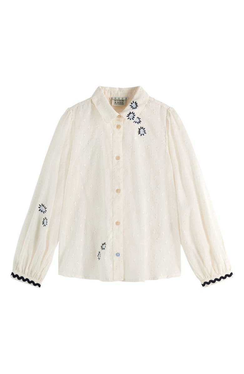 Scotch & Soda Kids' Floral Embroidered Cotton Button-Up Shirt, Main, color, Soft Ice