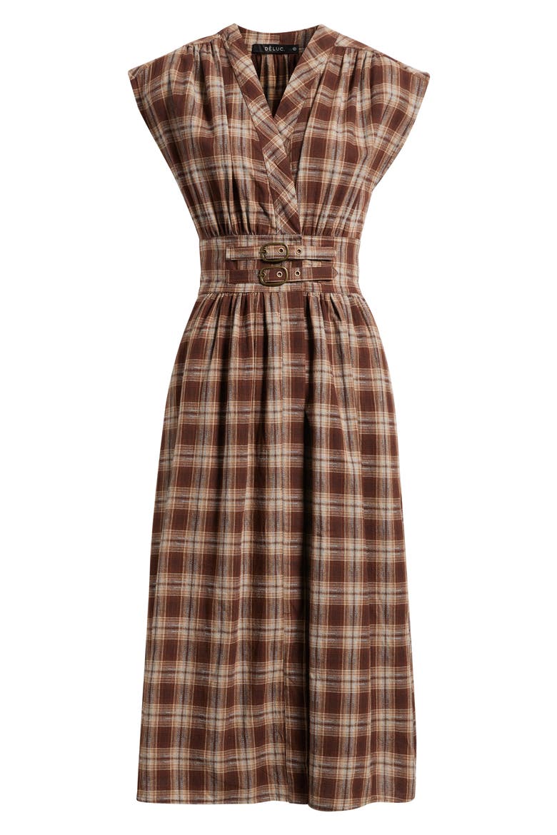 Elton Plaid Cotton Midi Dress, Alternate, color, BROWN CHECKS