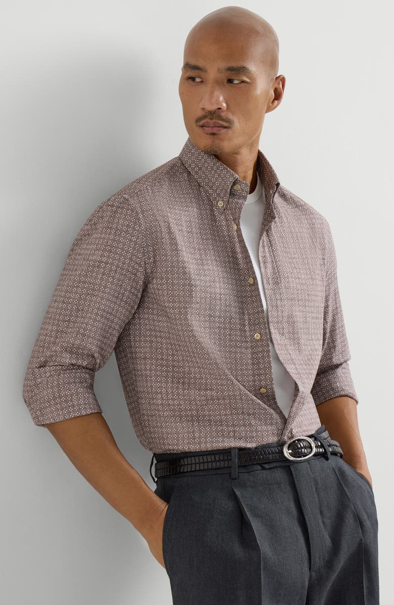 Brunello Cucinelli Printed twill shirt, Alternate, color, Brown