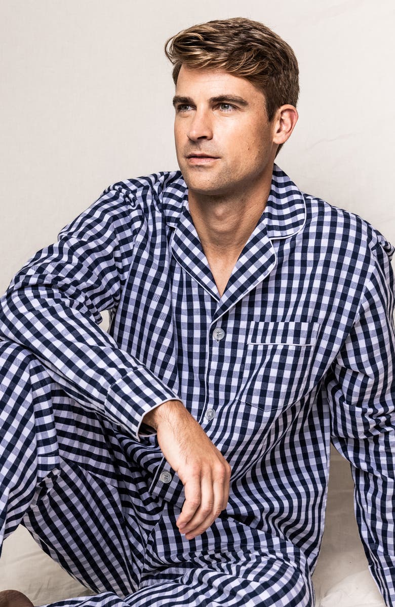 Petite Plume Men's Gingham Cotton Twill Pajamas, Alternate, color, Navy