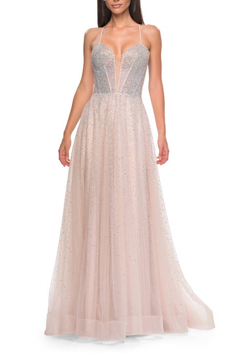 Prom Gown with Rhinestone Tulle and Illusion Corset Bodice