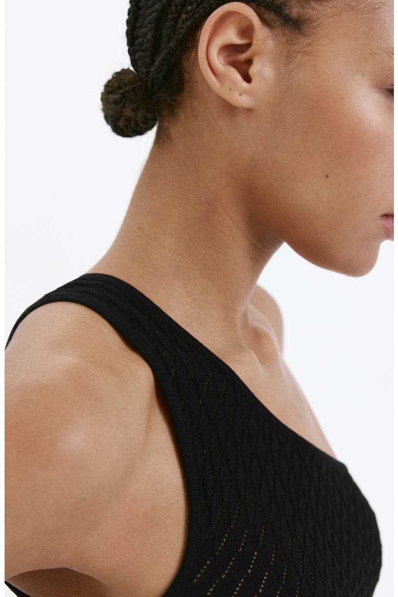 Asymmetrical Open Knit One-Shoulder Top, Alternate, color, BLACK