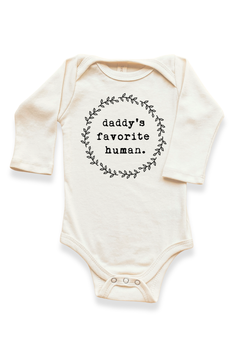 Daddy's Favorite Human - Organic Long Sleeve Baby Bodysuit, Main, color, Natural Black Lettering