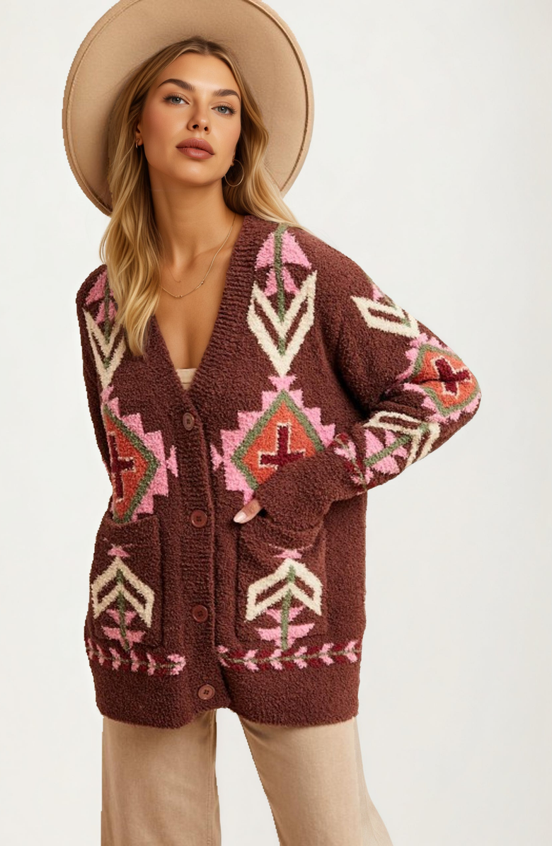 Knit and Lounge Oversized Geo Knit Cardigan with Pockets, Main, color, 