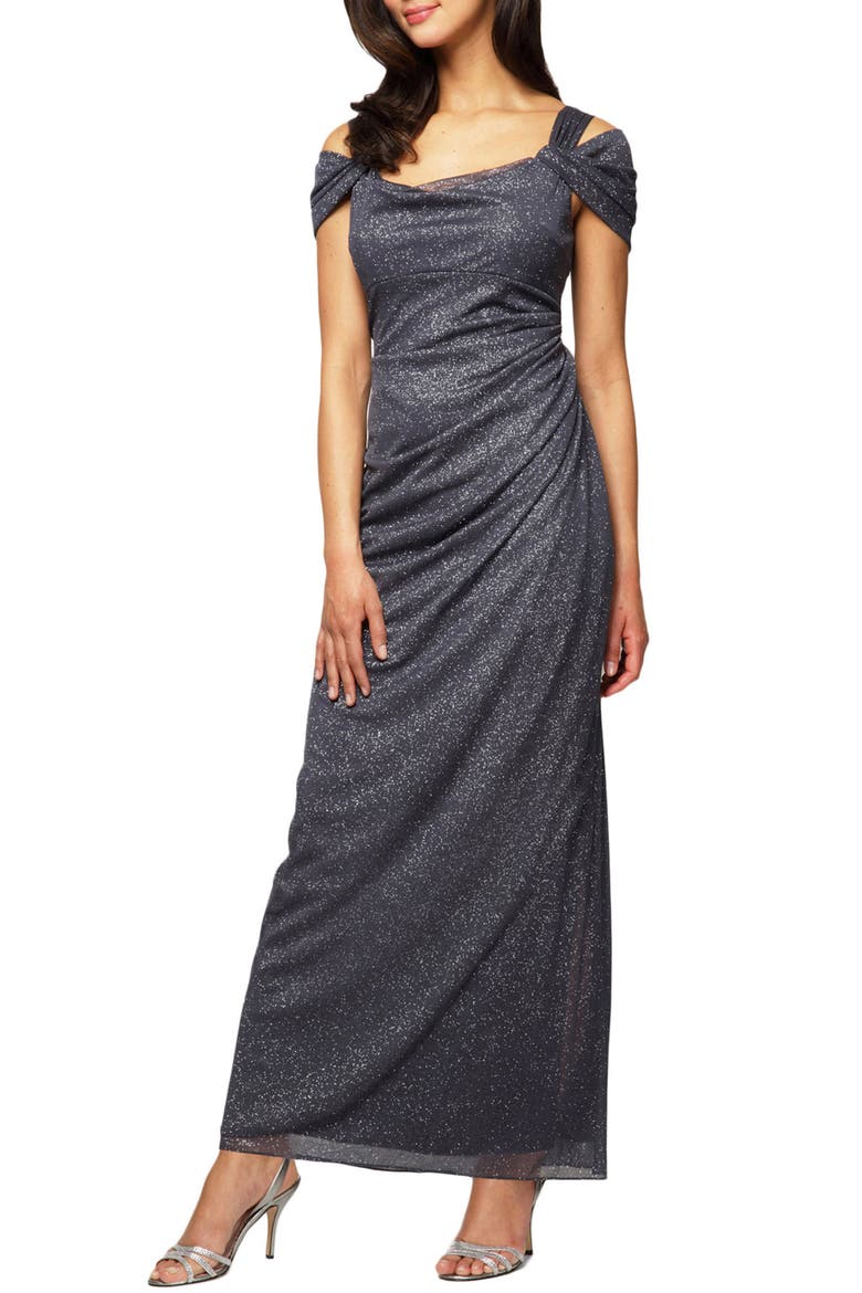 Cold Shoulder Ruffle Glitter Chiffon Gown, Main, color, SMOKE