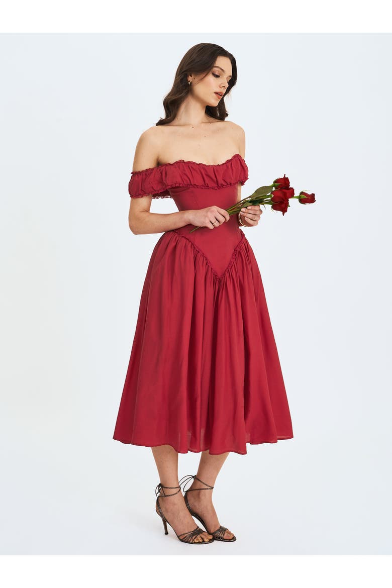 Xavy Drop Waist Off-Shoulder Corset Midi Dress, Alternate, color, Crimson