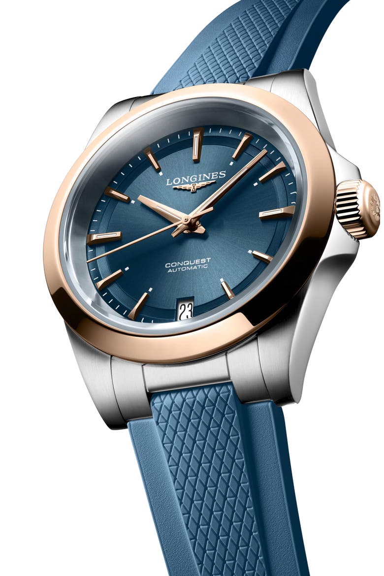 Conquest Automatic Rubber Strap Watch, 34mm, Alternate, color, BLUE