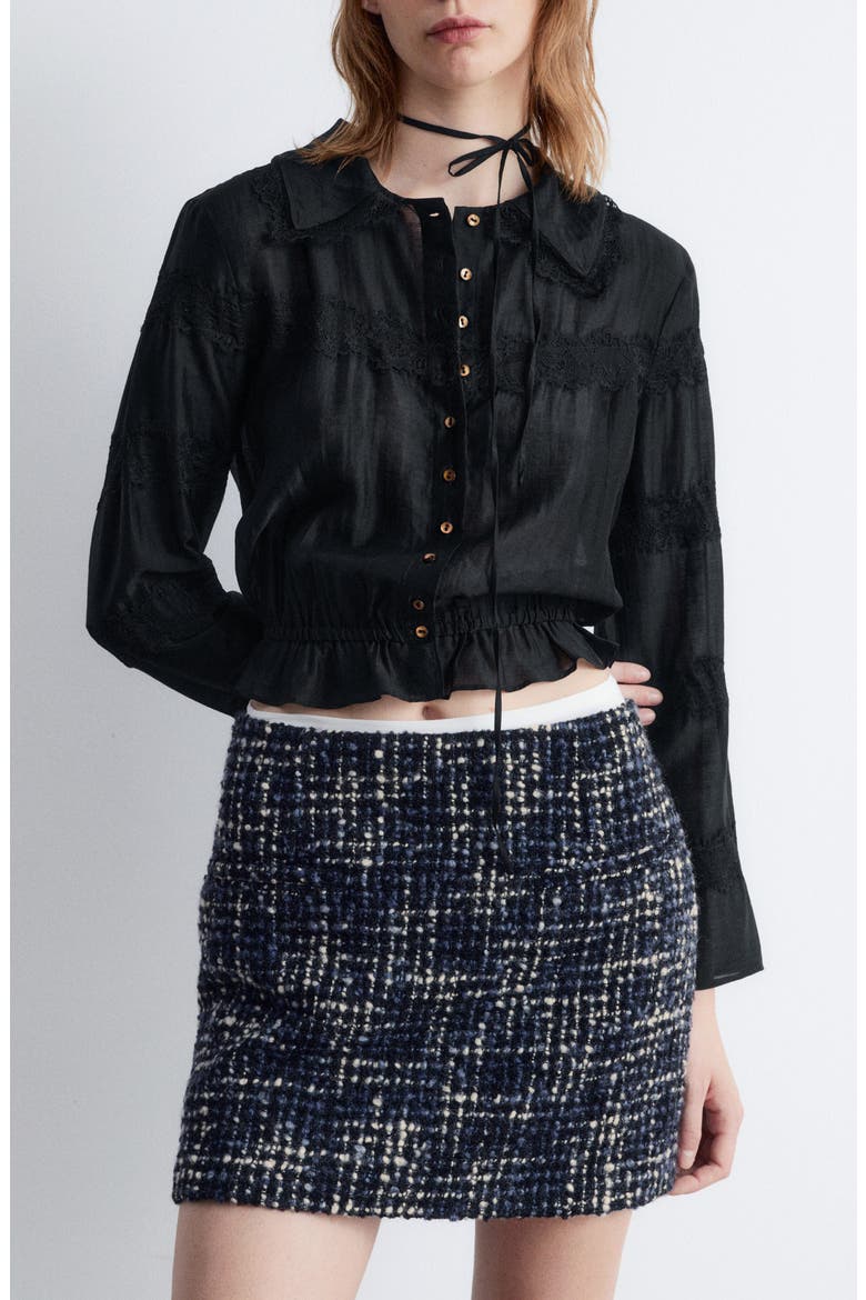 Lace Trim Button-Up Shirt, Main, color, BLACK