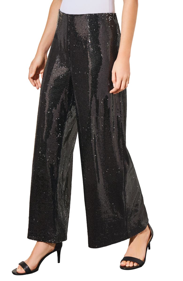 Ming Wang Novelty Sequin Wide Leg Pants, Alternate, color, Black