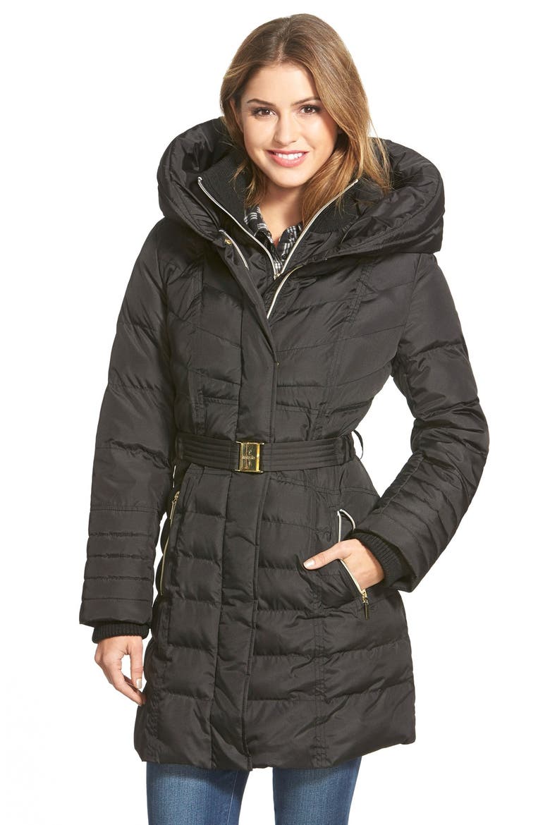 Belted Hooded Down & Feather Fill Coat, Main, color, BLACK