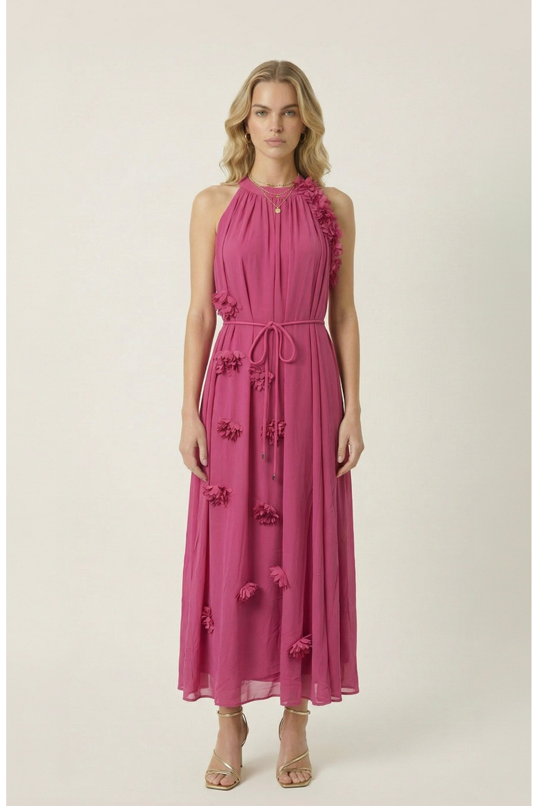 Floral Appliqué Halter Midi Dress, Main, color, Magenta
