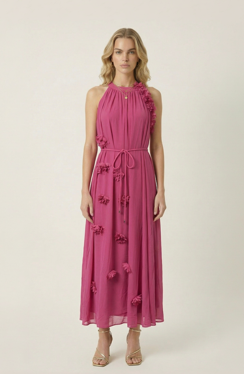 Modenaire Floral Appliqué Halter Midi Dress, Main, color, Magenta