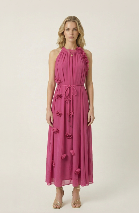 Floral Appliqué Halter Midi Dress