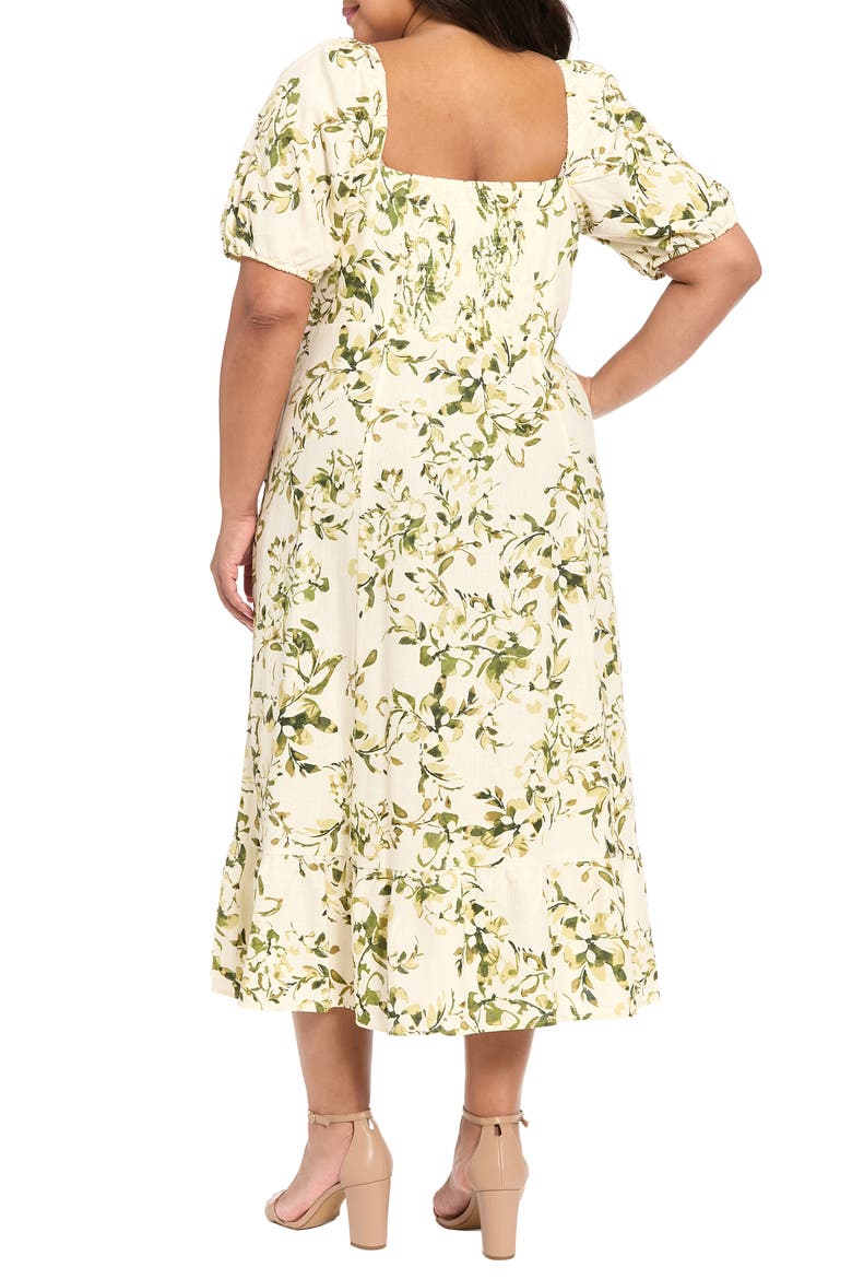 Floral Puff Sleeve Empire Waist Linen Blend Dress, Alternate, color, IVORY/ DEEP OLIVE