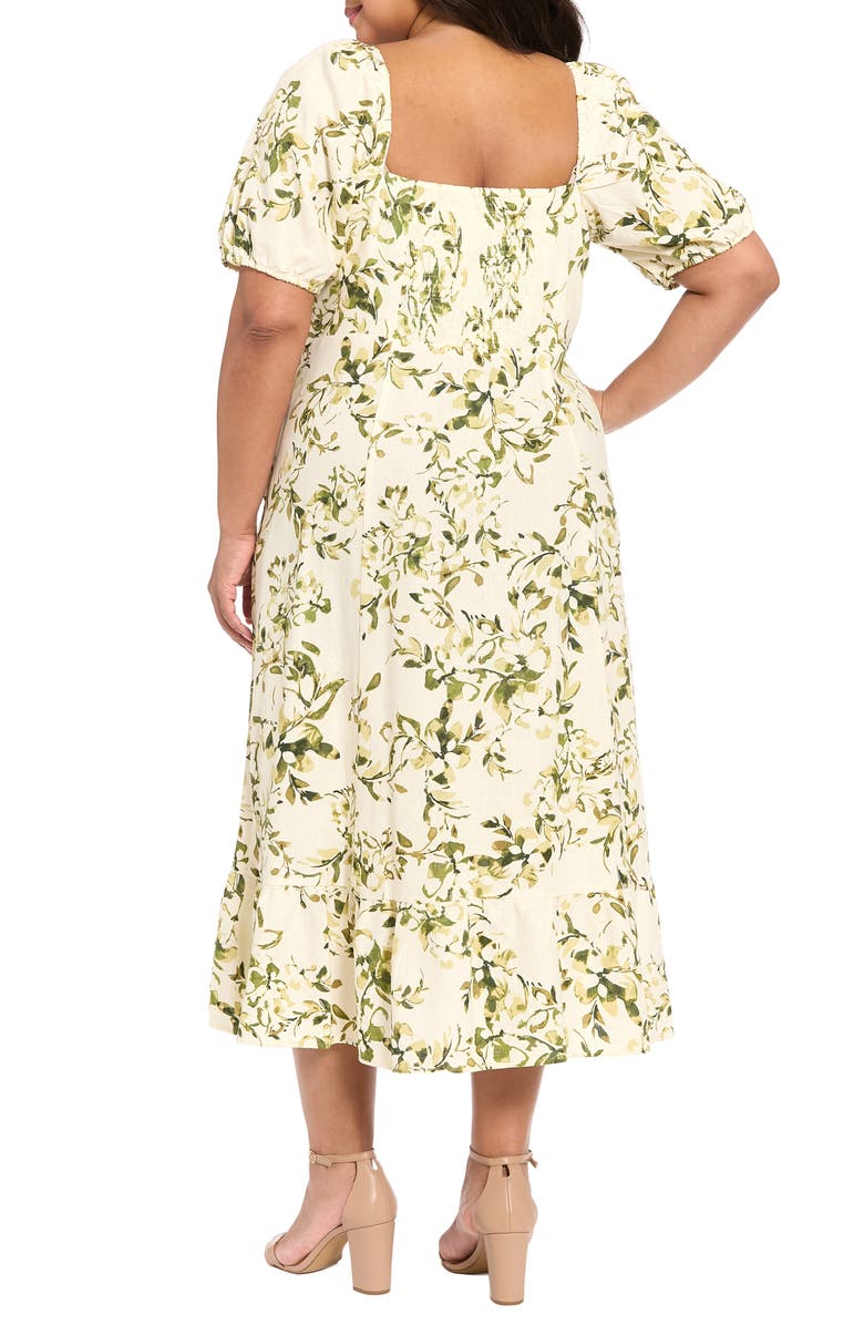 London Times Floral Puff Sleeve Empire Waist Linen Blend Dress, Alternate, color, Ivory/ Deep Olive